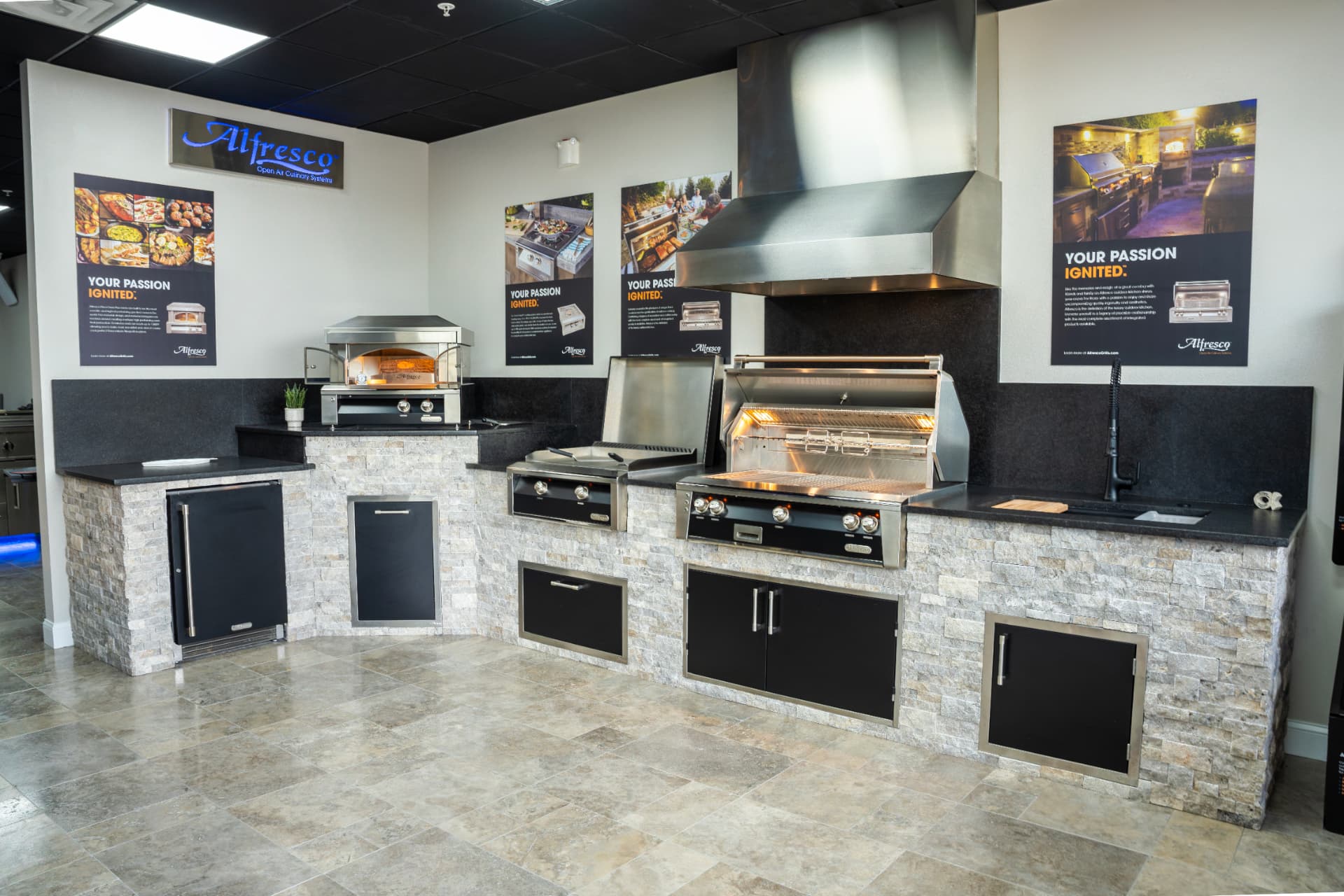 Alfresco grill and pizza oven display inside a Synergy showroom